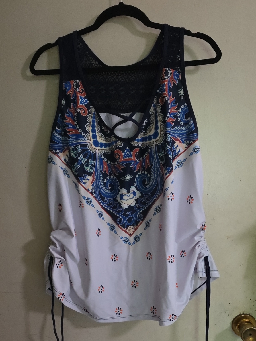 Women's Navy and White Paisley Lace-Back Tankini Top And Swim Shorts